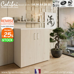 Armoire basse de bureau en bois blanc et peuplier sablé H 101 cm, Colibri