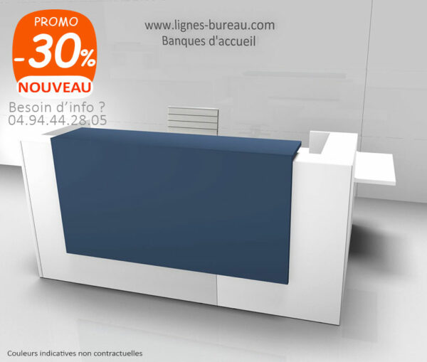 Banque d'accueil d'angle, retour PMR, blanche et bleu RAL 5014, BENCH