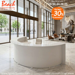 Banque d’accueil arrondie en verre et blanc, design, Beach
