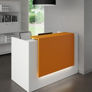 Petite banque d'accueil design en blanc et orange de la gamme Bench