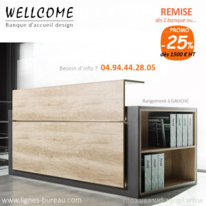 Banque d’accueil bois, design moderne, rangement à gauche, Wellcome. Décors Nebraska et Gris Ombre