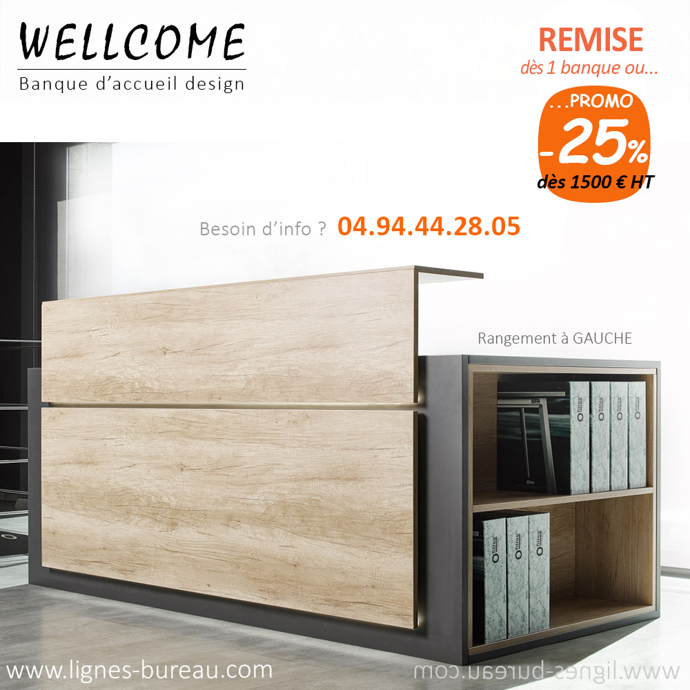Banque d’accueil bois, design moderne, rangement à gauche, Wellcome. Décors Nebraska et Gris Ombre