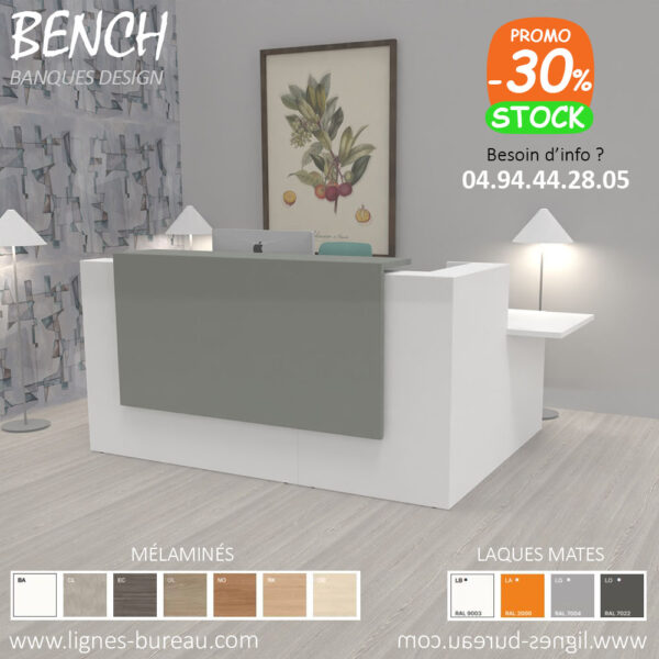 Banque d'accueil d'angle avec retour PMR, design, blanc et laque mate gris RAL7004, Bench