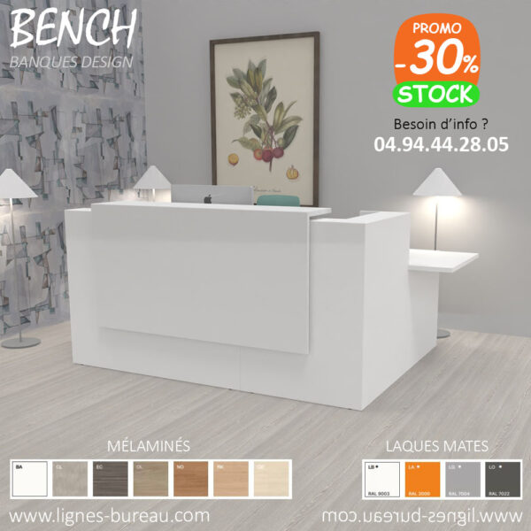 Banque d'accueil d'angle blanche avec PMR, majestueuse, Bench