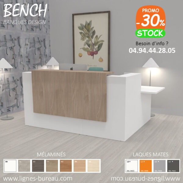 Banque d'accueil d'angle PMR en L, design blanc et Orme, Bench