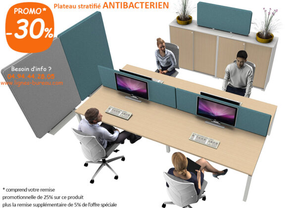 Bureau Bench à 4 plateaux coulissants stratifié antibactérien Orme