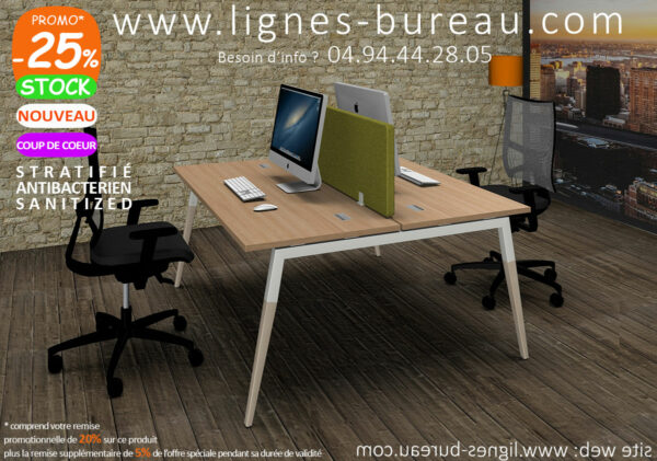 Bureau bench 2 places design scandinave pour open space ou coworking plateau merisier naturel COSY