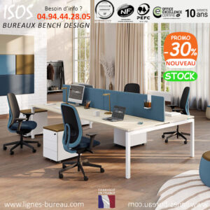 Bureau Bench 4 personnes pour Open Space, blanc et Peuplier avec écrans acoustiques, Isos