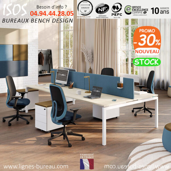 Bureau Bench 4 personnes pour Open Space, blanc et Peuplier avec écrans acoustiques, Isos