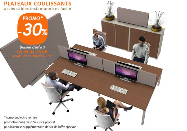 Bureau Bench avec plateaux coulissants Noyer pour 4 personnes, TAO