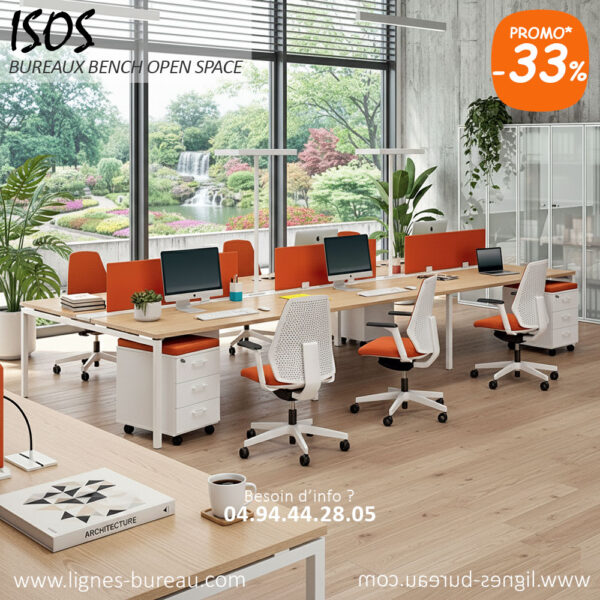 Bureau bench 6 personnes design pour open space, écrans tissus, Sun