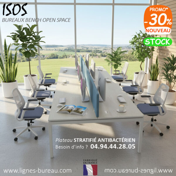 Bureau Open Space 6 personnes design avec écrans acoustiques, pas cher, ISOS