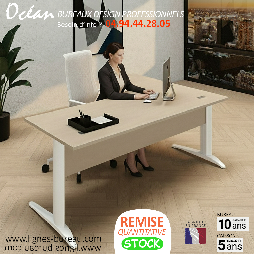 Bureau d'angle 90° professionnel, retour à gauche et caisson, Océan