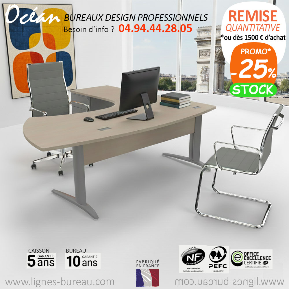 Bureau compact arrondi avec retour sur caisson, Océan