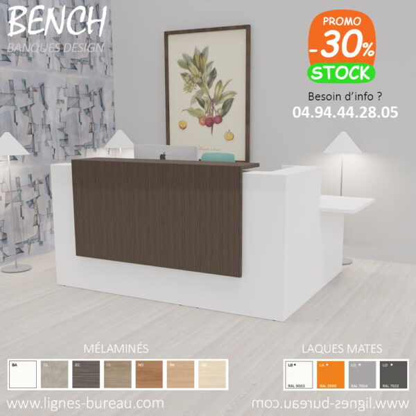 Bureau d’accueil d'angle PMR, design raffiné blanc et eucalyptus, Bench