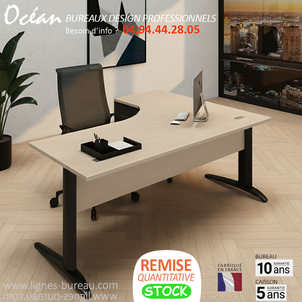Bureau compact 90° professionnel, retour à gauche, blanc et bois, Océan