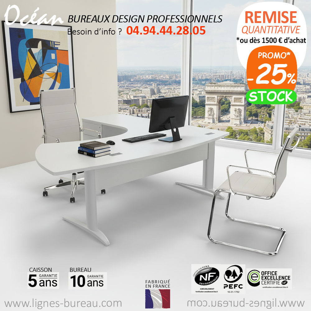 Bureau d’angle arrondi blanc avec retour et caisson, Océan