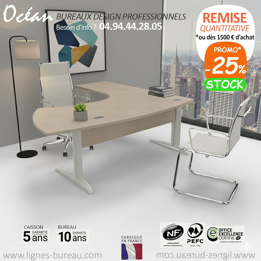 Bureau d’angle arrondi design avec retour sur caisson, Océan
