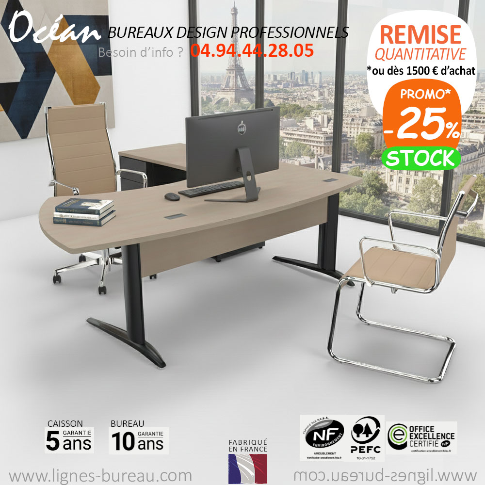 Bureau d’angle compact convivial et retour sur caisson, Océan