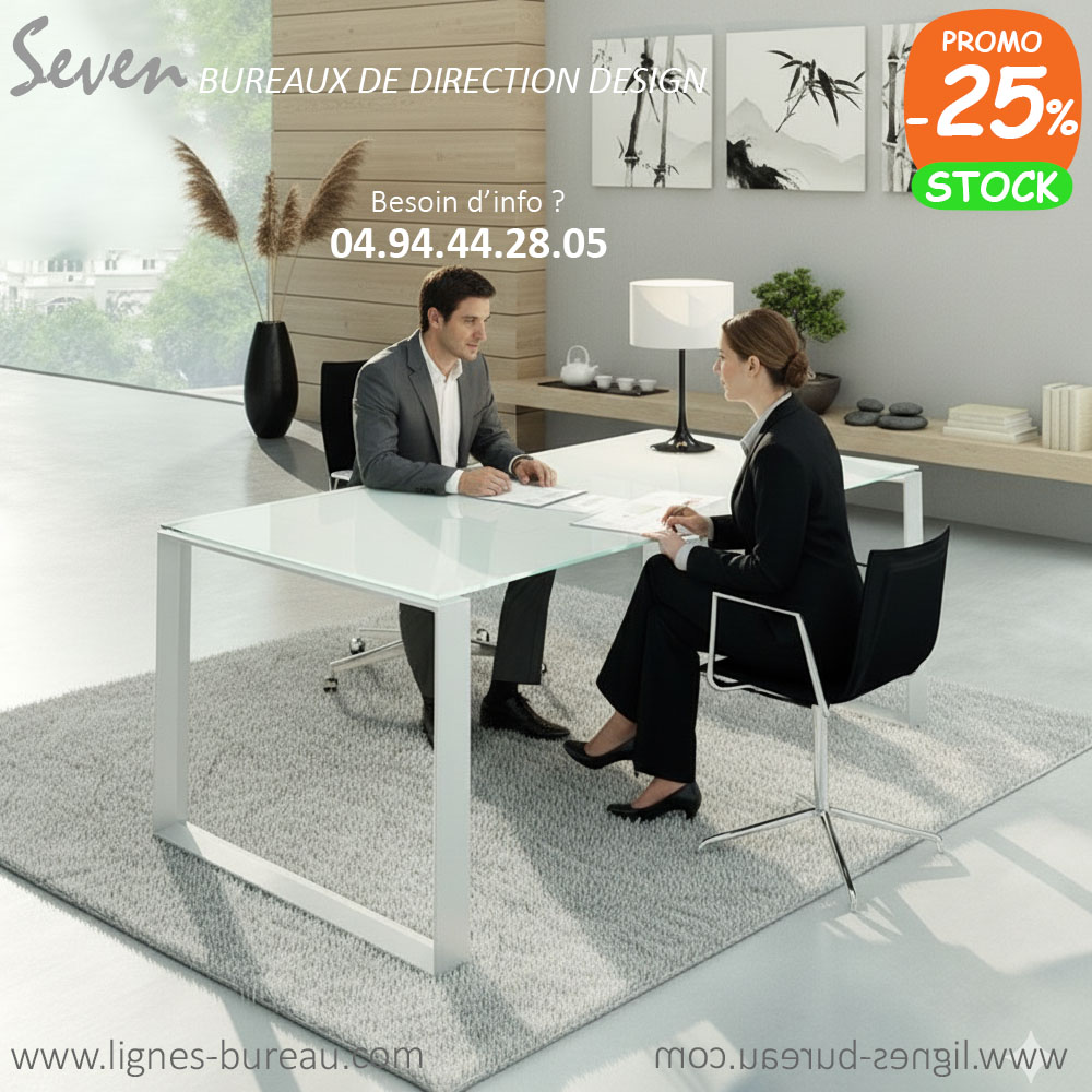 Bureau de direction en verre blanc design, contemporain, Seven