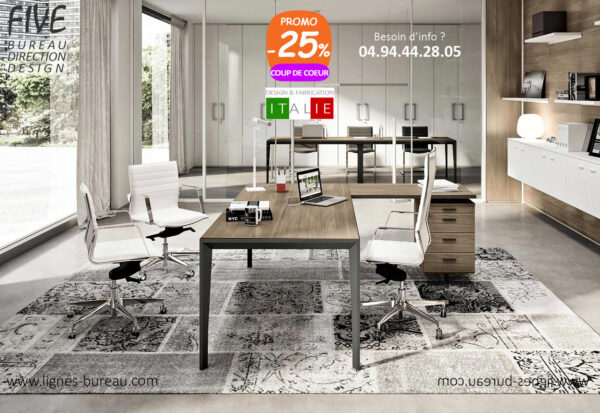Bureau design moderne de direction avec retour et caisson, Orme, Five