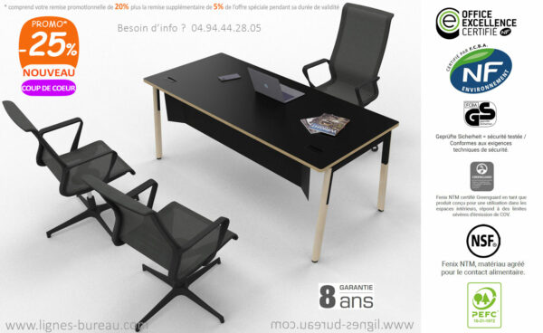 Bureau au design scandinave noir et bois pour entreprise, avec voile de fond, New Wave