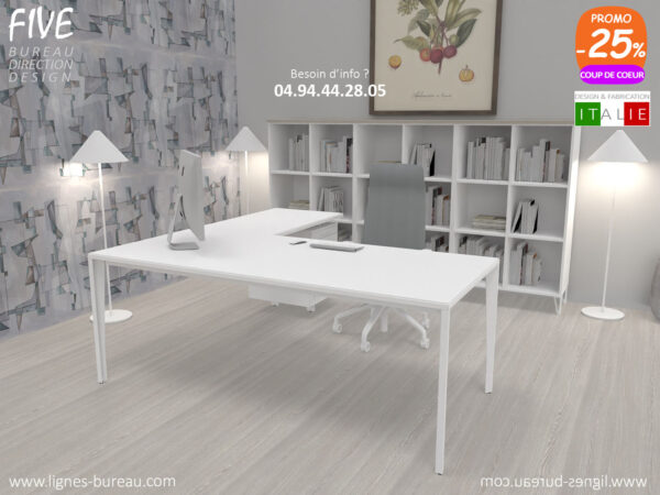 Bureau direction blanc design avec retour sur caisson, Five