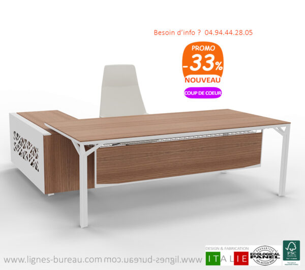 Bureau direction contemporain italien, noyer et blanc, avec voile de fond, Archi