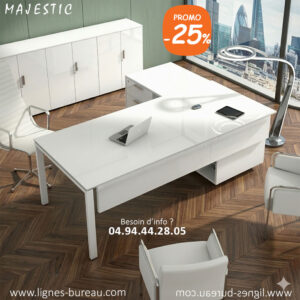 Bureau de Direction effet laqué blanc brillant Design, MAJESTIC, avec desserte