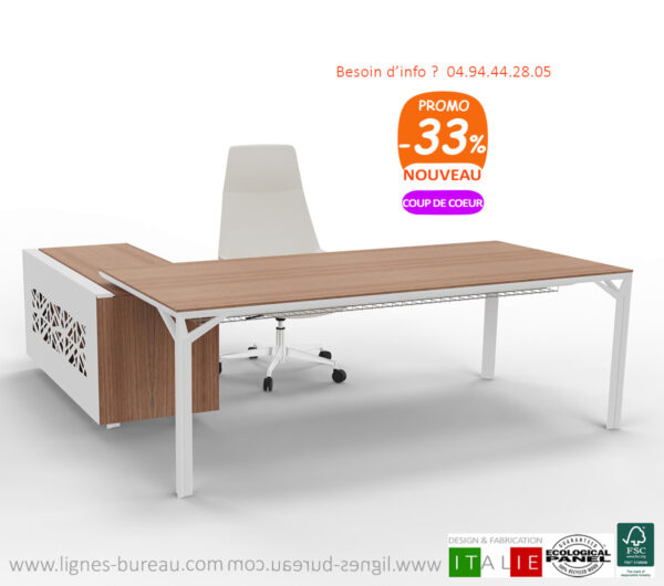 Bureau de direction design italien, noyer et blanc, gamme Archi