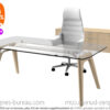 Bureau direction verre transparent luxueux, pieds chêne naturel, Chrystal