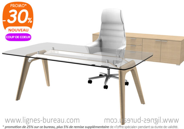 Bureau direction verre transparent luxueux, pieds chêne naturel, Chrystal