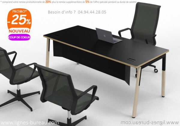 Bureau professionnel élégant noir et bois, avec voile de fond. Gamme New Wave