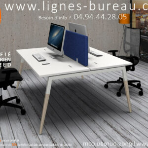 Bureau open space 2 personnes blanc, pieds bois, design scandinave COSY, écran tissu bleu