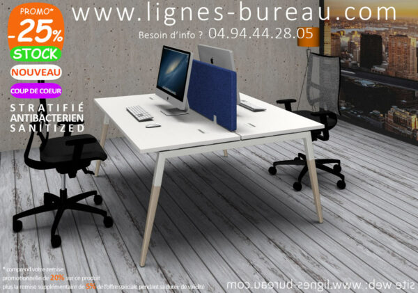 Bureau open space 2 personnes blanc, pieds bois, design scandinave COSY, écran tissu bleu