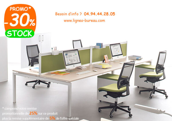 Bureau Bench pour Open Space pour 4 personnes, plateau Erable