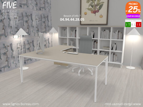 Bureau professionnel design pour manager avec retour sur caisson, orme blanchi, Five
