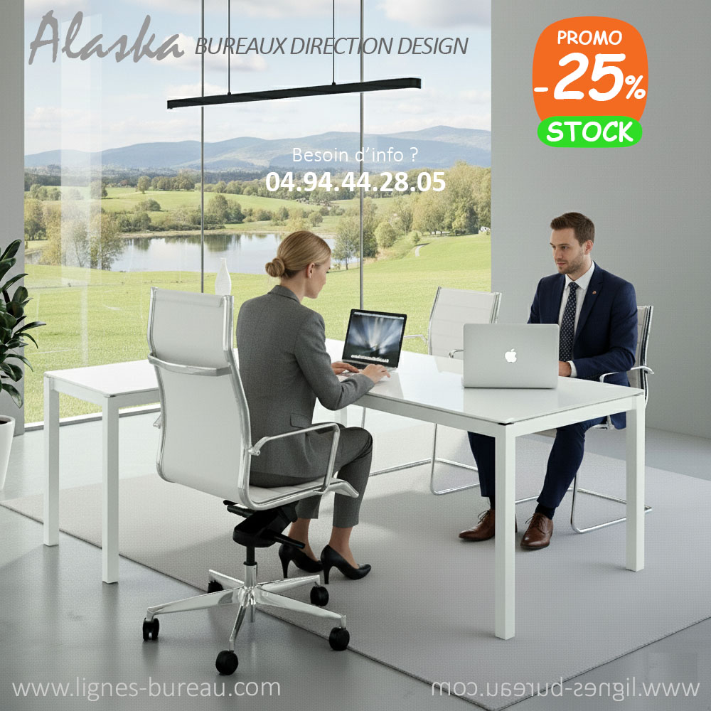 Bureau verre blanc laqué et retour, pour dirigeant, Alaska