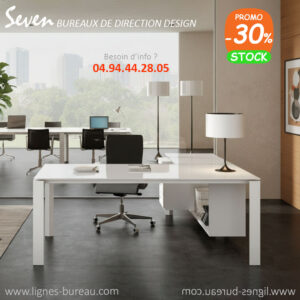 Bureau direction verre blanc design avec retour et rangements, Seven