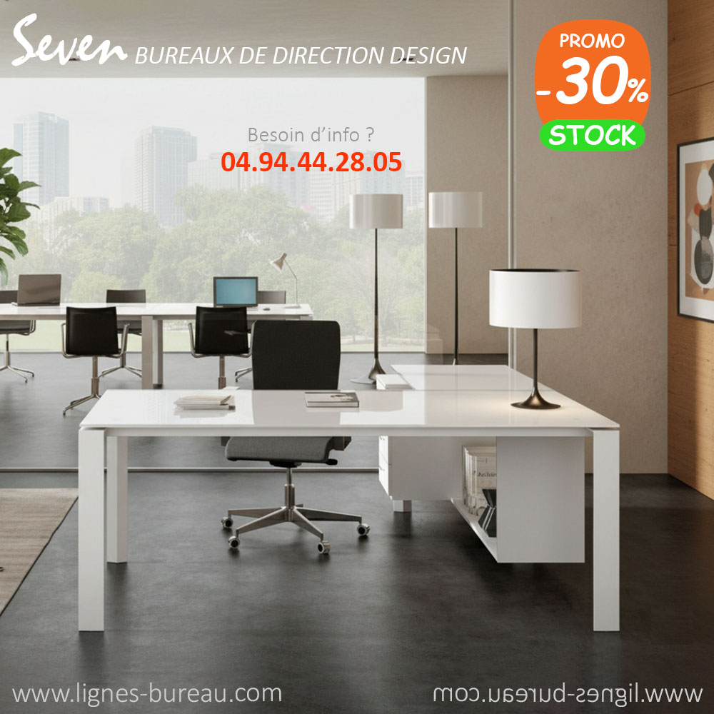 Bureau direction verre blanc design avec retour et rangements, Seven