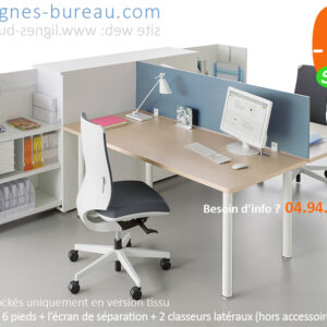 Bureaux face à face avec séparateur et meubles classeurs TOM, pieds ronds