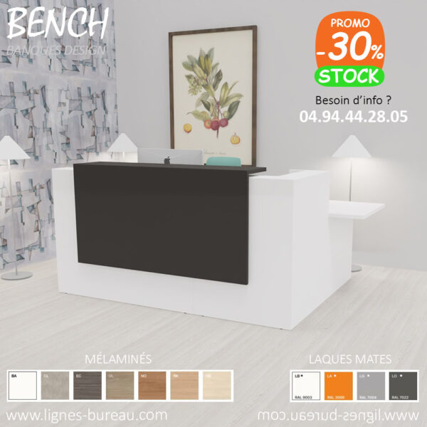 Comptoir d’accueil d'angle PMR, élégant blanc et gris Ombre, Bench