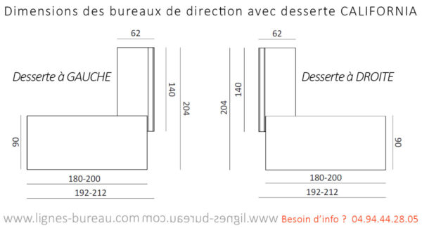 Dimensions des bureaux direction avec desserte, California