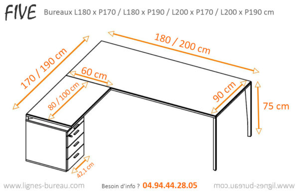 Dimensions des bureaux professionnels design avec retour et caisson, Five