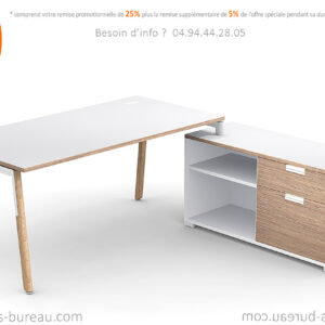 Bureau design professionnel blanc et bois, desserte de rangement, esprit scandinave, nommé NEW WAVE