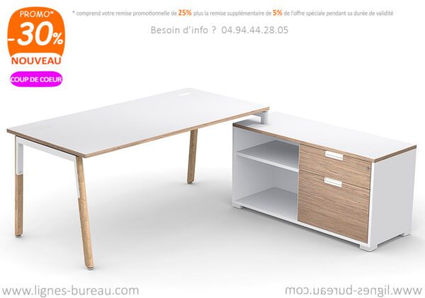 Bureau design professionnel blanc et bois, desserte de rangement, esprit scandinave, nommé NEW WAVE