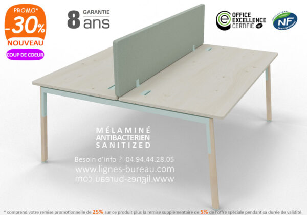 Bureau open space design 2 personnes, Peuplier, Vert de gris, Sauge, NEW WAVE