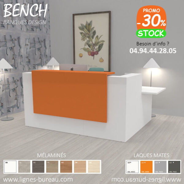 Mobilier d'accueil d'angle avec PMR , au design vivifiant blanc et orange, Bench