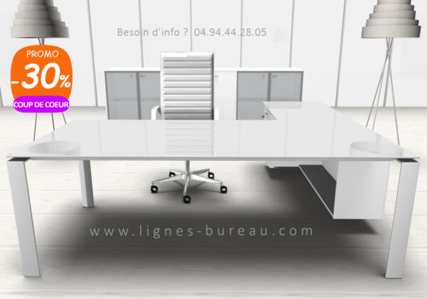 Bureau verre blanc pour dirigeant avec retour sur rangements SEVEN