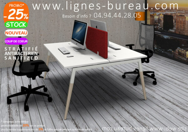 Table de bureau open space design 2 personnes, blanc, bois, rouge COSY